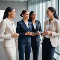 A group of confident and professional business women in stylish suits, engaged in a discussion in a modern corporate setting.