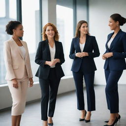 A group of confident and professional business women in stylish suits, engaged in a discussion in a modern corporate setting.