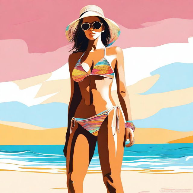 A digital art image of a woman in a tasteful bikini, standing on a sun-kissed beach