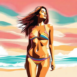 A digital art image of a woman in a tasteful bikini, standing on a sun-kissed beach