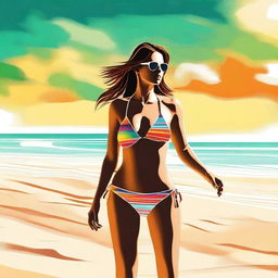 A digital art image of a woman in a tasteful bikini, standing on a sun-kissed beach