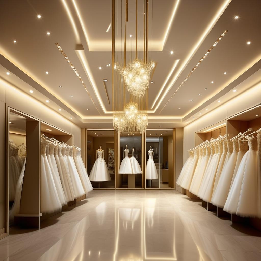 Design an upscale wedding dress service office, 3.77m width, 5.30m length, 2.80m height, featuring ceiling-mounted central lighting, golden-framed walls, and an elegant waiting area without any dresses displayed.