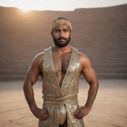 A robust Muslim wrestler in traditional wrestling attire, standing proudly in an ancient wrestling pit, illuminated by the setting sun.