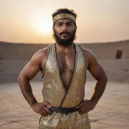 A robust Muslim wrestler in traditional wrestling attire, standing proudly in an ancient wrestling pit, illuminated by the setting sun.