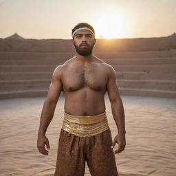 A robust Muslim wrestler in traditional wrestling attire, standing proudly in an ancient wrestling pit, illuminated by the setting sun.