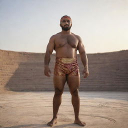 A robust Muslim wrestler in traditional wrestling attire, standing proudly in an ancient wrestling pit, illuminated by the setting sun.