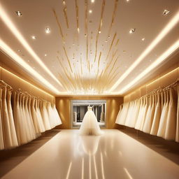 Design an upscale wedding dress service office, 3.77m width, 5.30m length, 2.80m height, featuring ceiling-mounted central lighting, golden-framed walls, and an elegant waiting area without any dresses displayed.