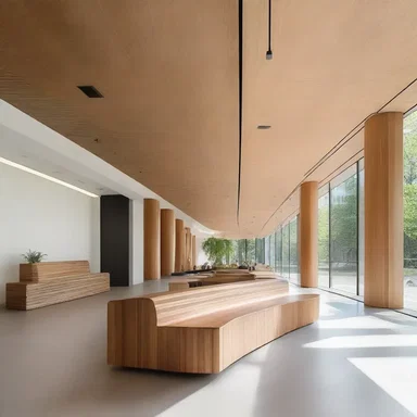 The architect designed a stunning wooden bench for the waiting area of the office building.