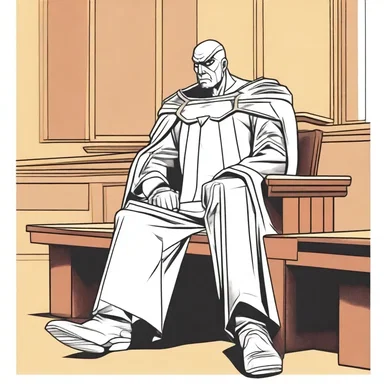 In the superhero comic, the powerful judge sat on a unique futuristic bench in the courtroom.