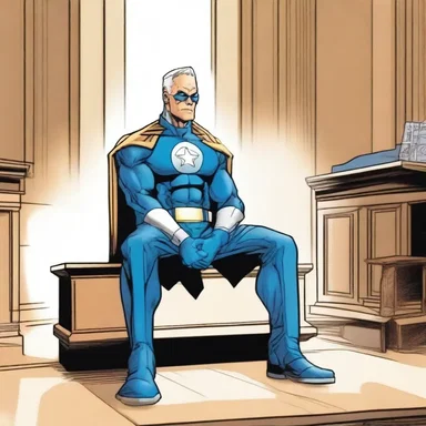 In the superhero comic, the powerful judge sat on a unique futuristic bench in the courtroom.