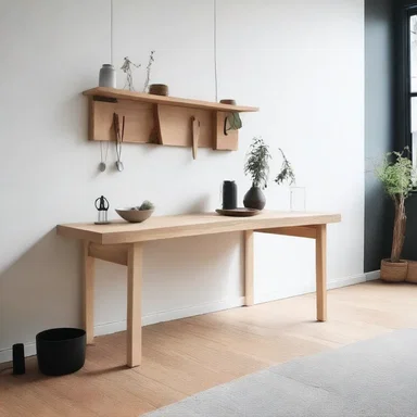 The modern living room featured a sleek and minimalistic workbench that served as a multifunctional piece of furniture.