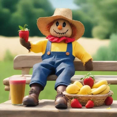 Why did the scarecrow want to sit on the bench? Because he wanted to bask in the sun and enjoy some 'strawberry' smoothies!