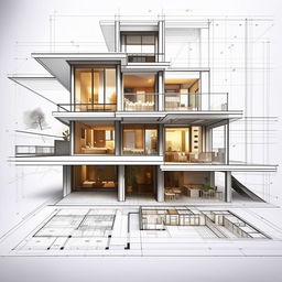 Architectural blueprint of a full home, detailed exterior and intricate interior layout, modern design