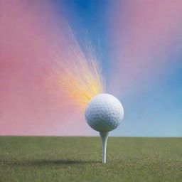 An image of a tee in the act of launching a golf ball with significant force. The background is washed in dynamic, vibrant colors symbolizing the power involved.