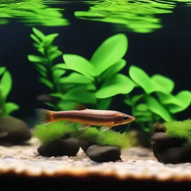 The beautiful aquarium is decorated with rocks and plants to create a natural habitat for loach.
