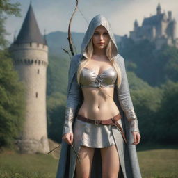 medieval hooded beatifull, bigb boobs, sexy full body, blonde elf girl, 23 years old, bow with arrows , in front with castle and forest background charmOfTheRealm, realistic hd, high detailed,