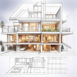 Architectural blueprint of a full home, detailed exterior and intricate interior layout, modern design