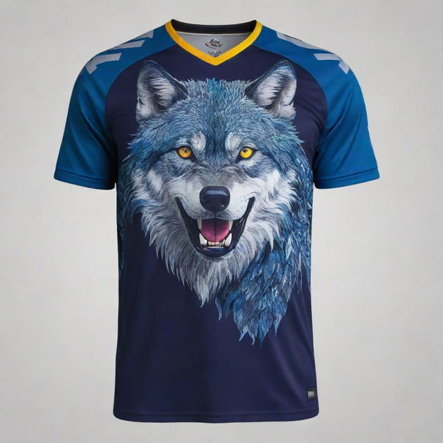 A goalkeeper jersey featuring a majestic wolf as the main design, with striking vibrancy and intricate detailing for an athletic yet bold aesthetic