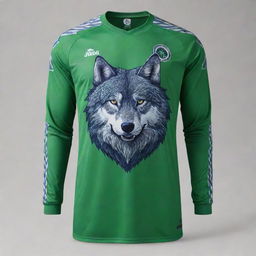 A goalkeeper jersey featuring a majestic wolf as the main design, with striking vibrancy and intricate detailing for an athletic yet bold aesthetic