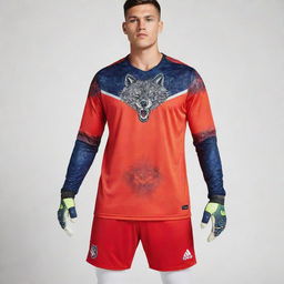 A goalkeeper jersey featuring a majestic wolf as the main design, with striking vibrancy and intricate detailing for an athletic yet bold aesthetic