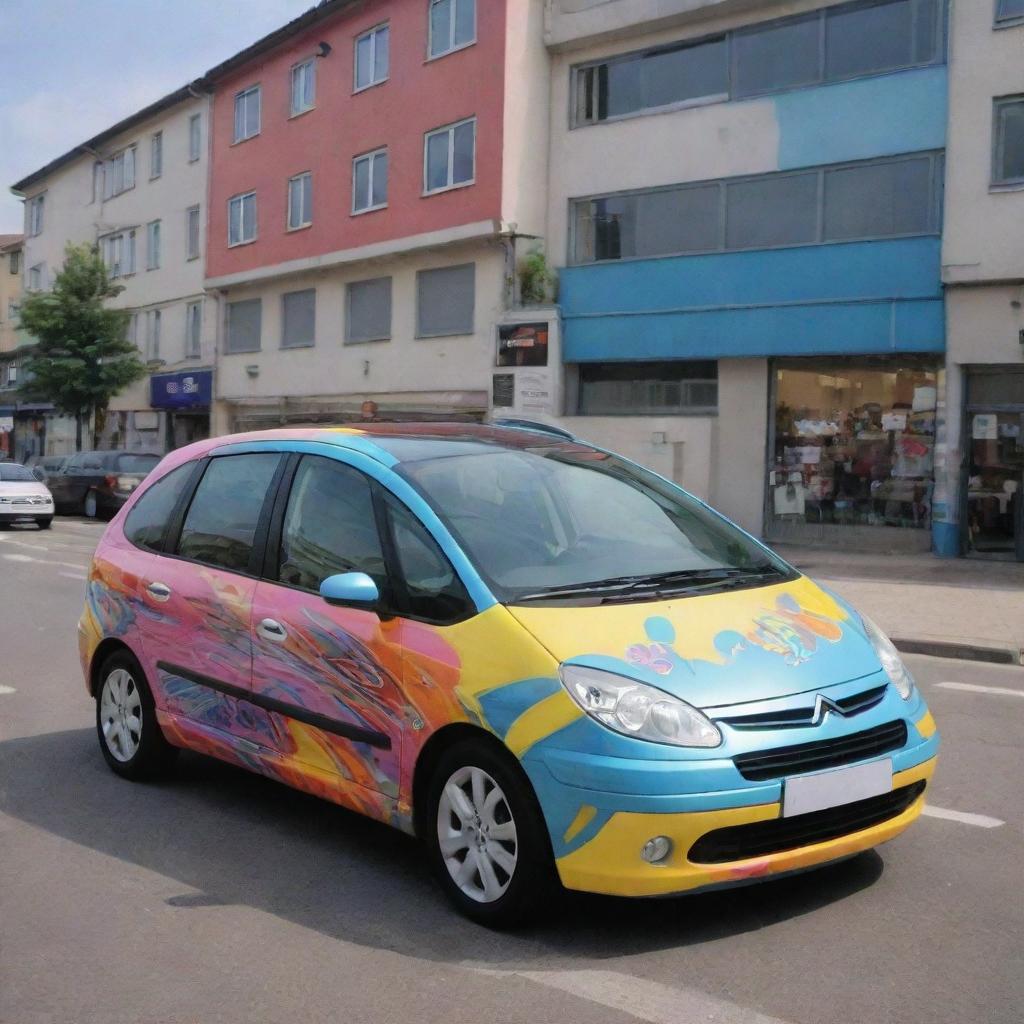 A Citroen Xsara Picasso car designed in a vibrant and unique anime style