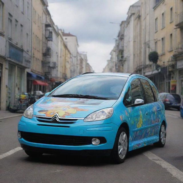 A Citroen Xsara Picasso car designed in a vibrant and unique anime style