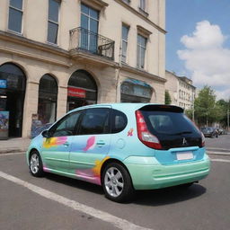 A Citroen Xsara Picasso car designed in a vibrant and unique anime style