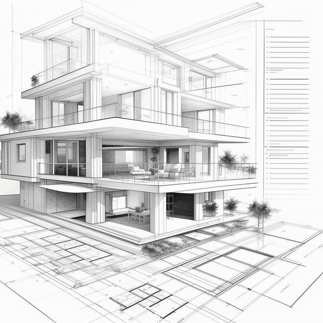 Architectural blueprint of a full home, detailed exterior and intricate interior layout, modern design