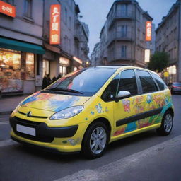 A Citroen Xsara Picasso car designed in a vibrant and unique anime style