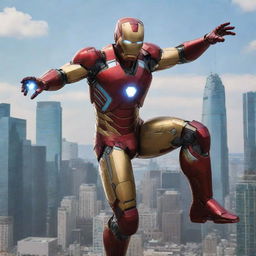 A detailed, striking depiction of Marvel's Iron Man in a dynamic, flying pose against a vibrant cityscape backdrop.