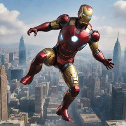 A detailed, striking depiction of Marvel's Iron Man in a dynamic, flying pose against a vibrant cityscape backdrop.