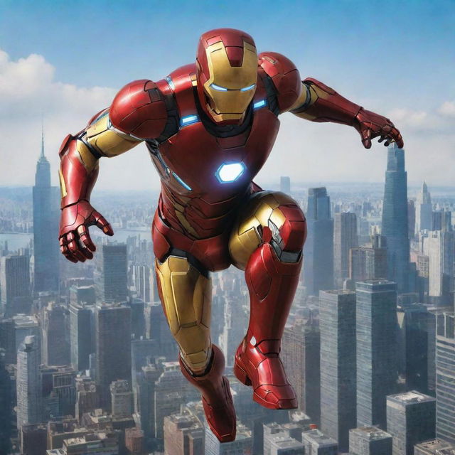 A detailed, striking depiction of Marvel's Iron Man in a dynamic, flying pose against a vibrant cityscape backdrop.