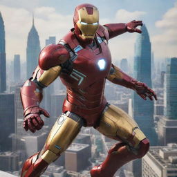 A detailed, striking depiction of Marvel's Iron Man in a dynamic, flying pose against a vibrant cityscape backdrop.