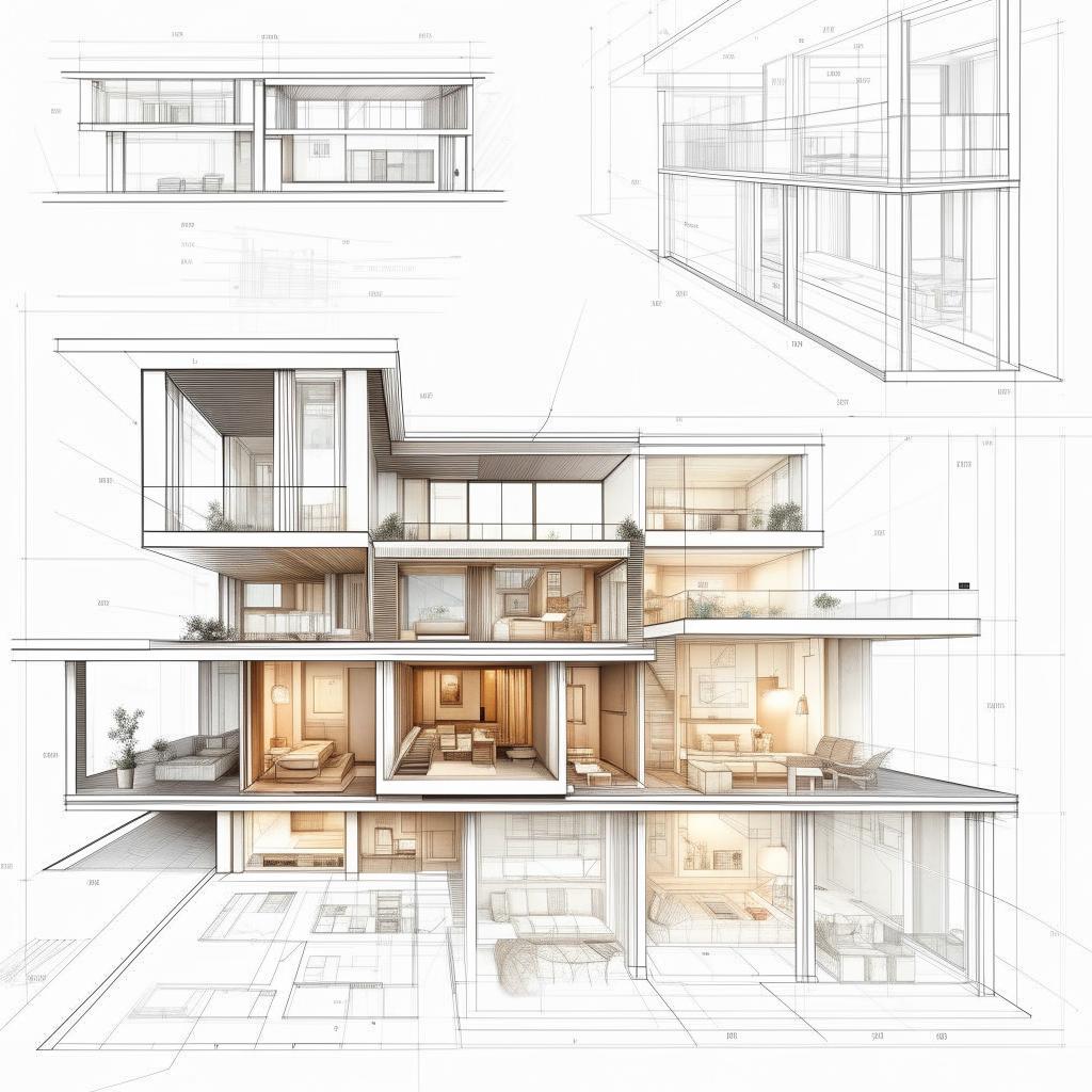 Architectural blueprint of a full home, detailed exterior and intricate interior layout, modern design