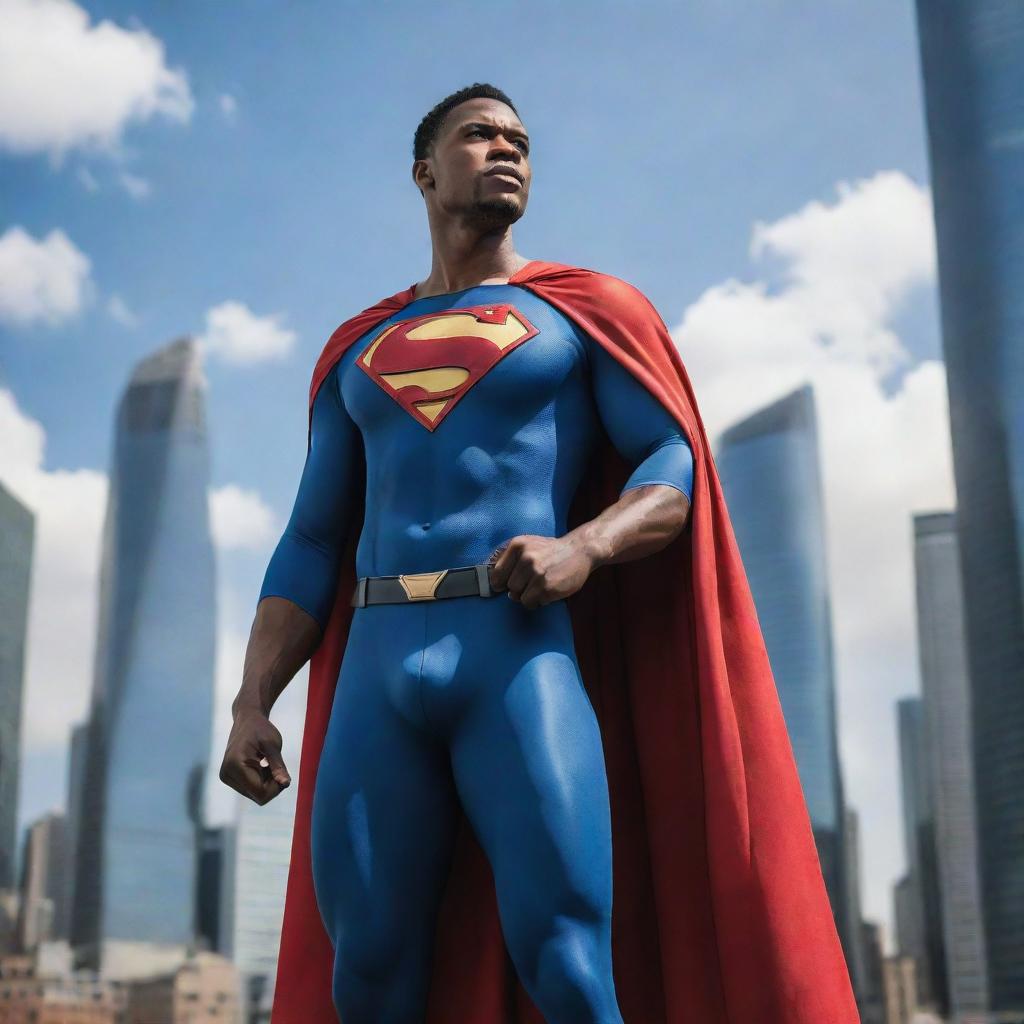 A powerful superhero standing tall in a bustling city, cape billowing in the wind, showing a symbol of hope on his chest against the backdrop of skyscrapers.