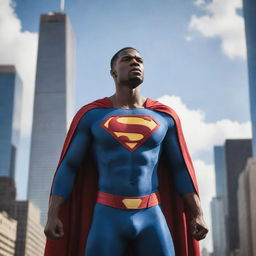 A powerful superhero standing tall in a bustling city, cape billowing in the wind, showing a symbol of hope on his chest against the backdrop of skyscrapers.