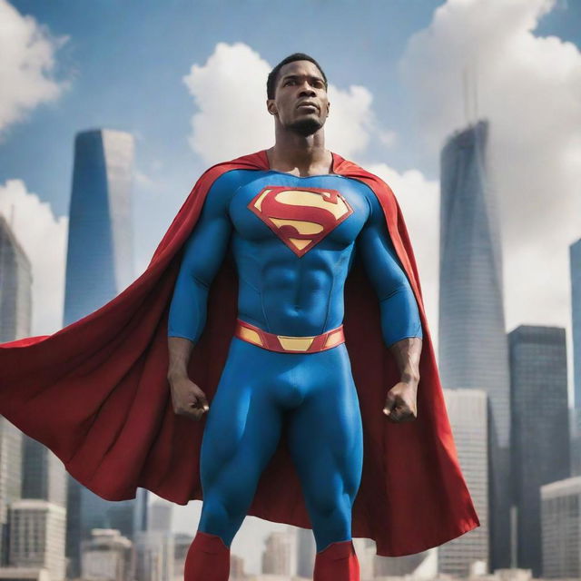 A powerful superhero standing tall in a bustling city, cape billowing in the wind, showing a symbol of hope on his chest against the backdrop of skyscrapers.