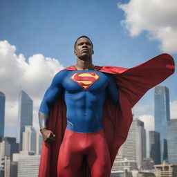 A powerful superhero standing tall in a bustling city, cape billowing in the wind, showing a symbol of hope on his chest against the backdrop of skyscrapers.