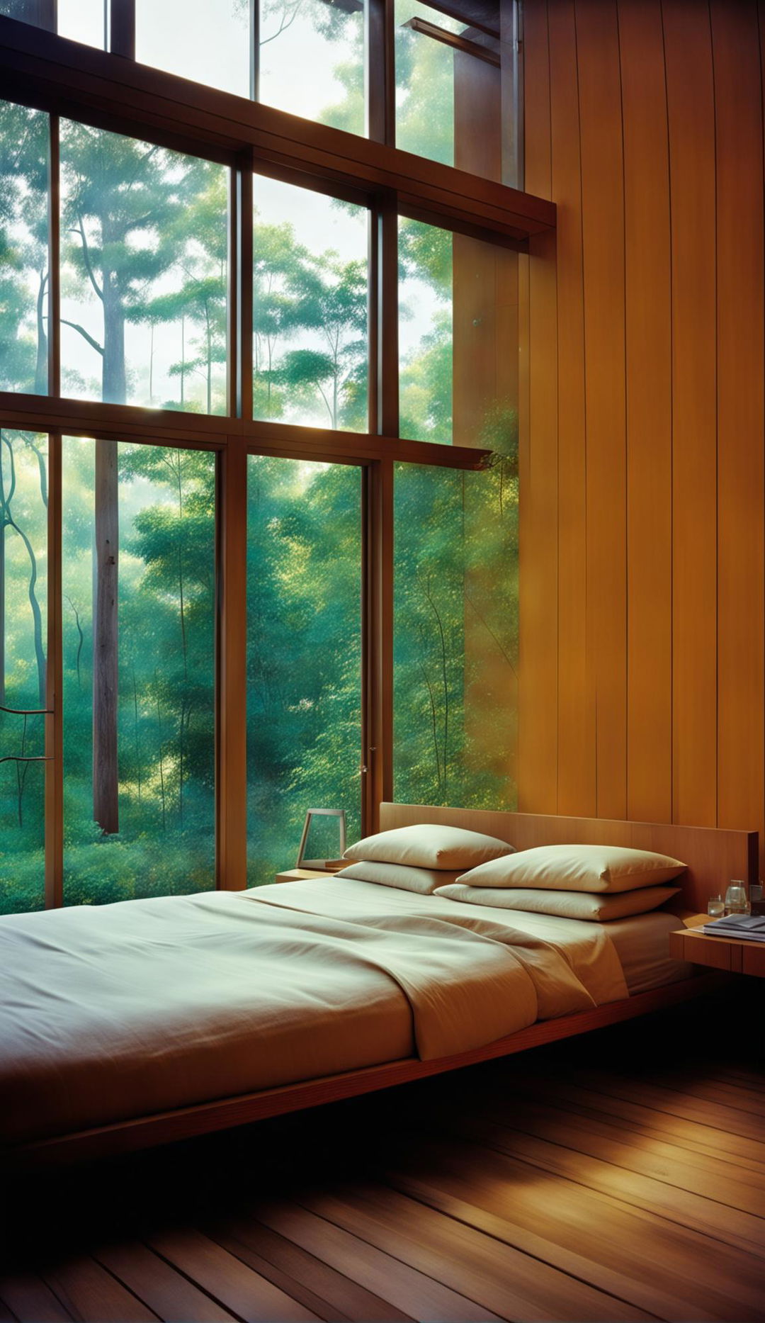 A 32k resolution architectural photograph by Simon Devitt showcasing a modernist-style bedroom in a glass house with warm timbers, bathed in natural light and adorned with linen.