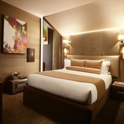 An elegantly decorated room with modern furniture, accent lighting, and contemporary artworks, with a cozy yet chic ambiance.