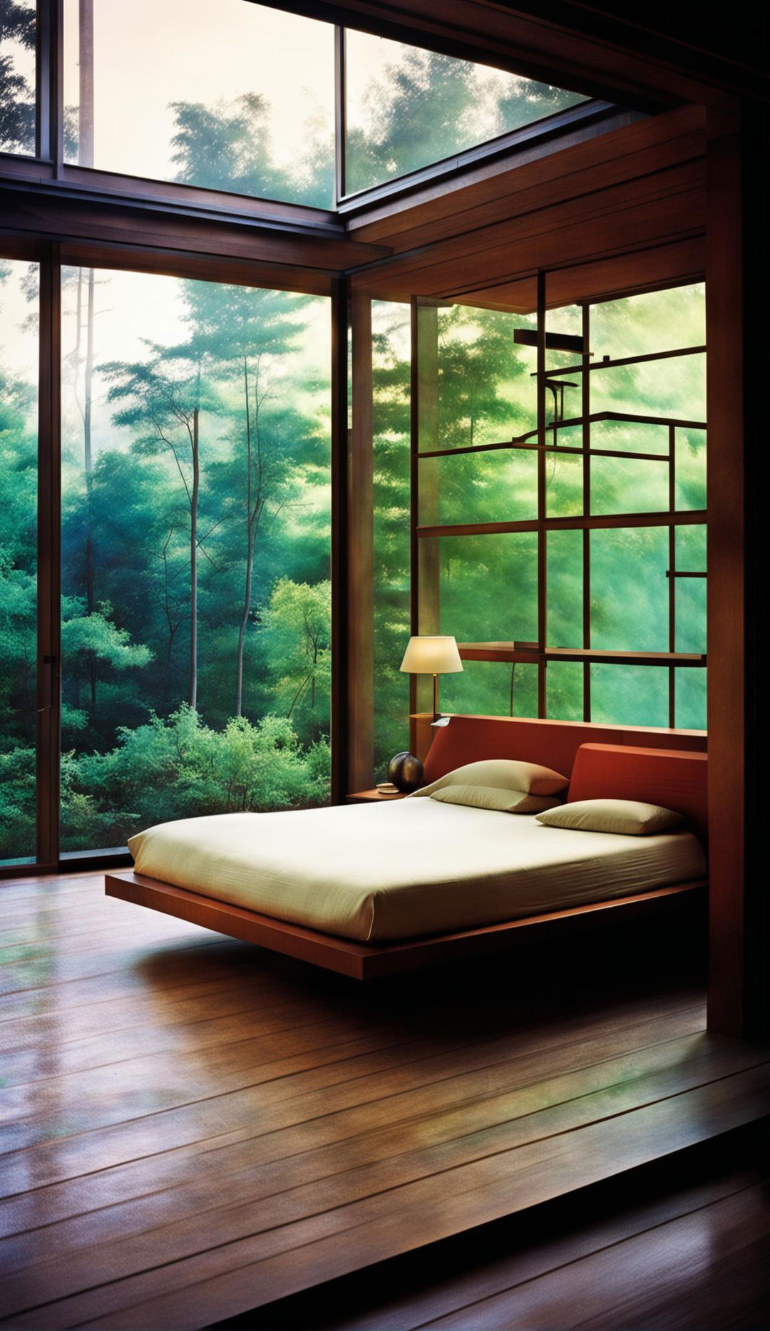 A 32k resolution architectural photograph by Simon Devitt, capturing a Mies van der Rohe inspired modernist-style bedroom in a glass house with warm timbers, bathed in natural light and adorned with linen.