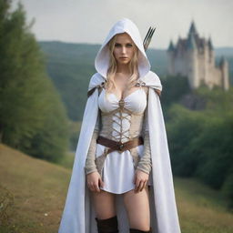 medieval hooded beatifull, bigb boobs, sexy full body, blonde elf girl, 23 years old, bow with arrows , withe clothes, front with castle and forest background charmOfTheRealm, realistic hd, high detailed,