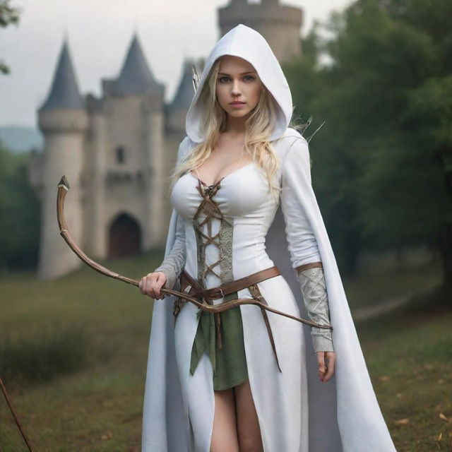 medieval hooded beatifull, bigb boobs, sexy full body, blonde elf girl, 23 years old, bow with arrows , withe clothes, front with castle and forest background charmOfTheRealm, realistic hd, high detailed,