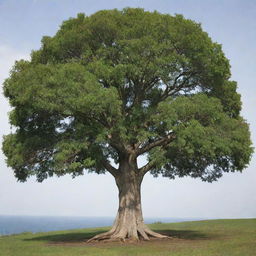 A leafy tree with three main branches. The first branch splits into eight smaller branches, the second into two, and the third into three.