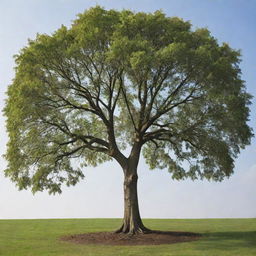 A leafy tree with three main branches. The first branch splits into eight smaller branches, the second into two, and the third into three.