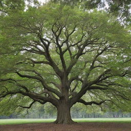 A leafy tree with three main branches. The first branch splits into eight smaller branches, the second into two, and the third into three.