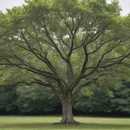 A leafy tree with three main branches. The first branch splits into eight smaller branches, the second into two, and the third into three.