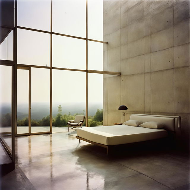 A Mies Van Der Rohe-inspired bedroom within a glass house, filled with natural light and furnished with linen and sleek metal pieces. Captured in 32k by architectural photographer Simon Devitt.