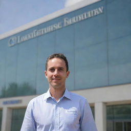 A professional civil engineer standing in front of a building with a visible name displayed.