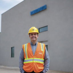 A professional civil engineer standing in front of a building with a visible name displayed.